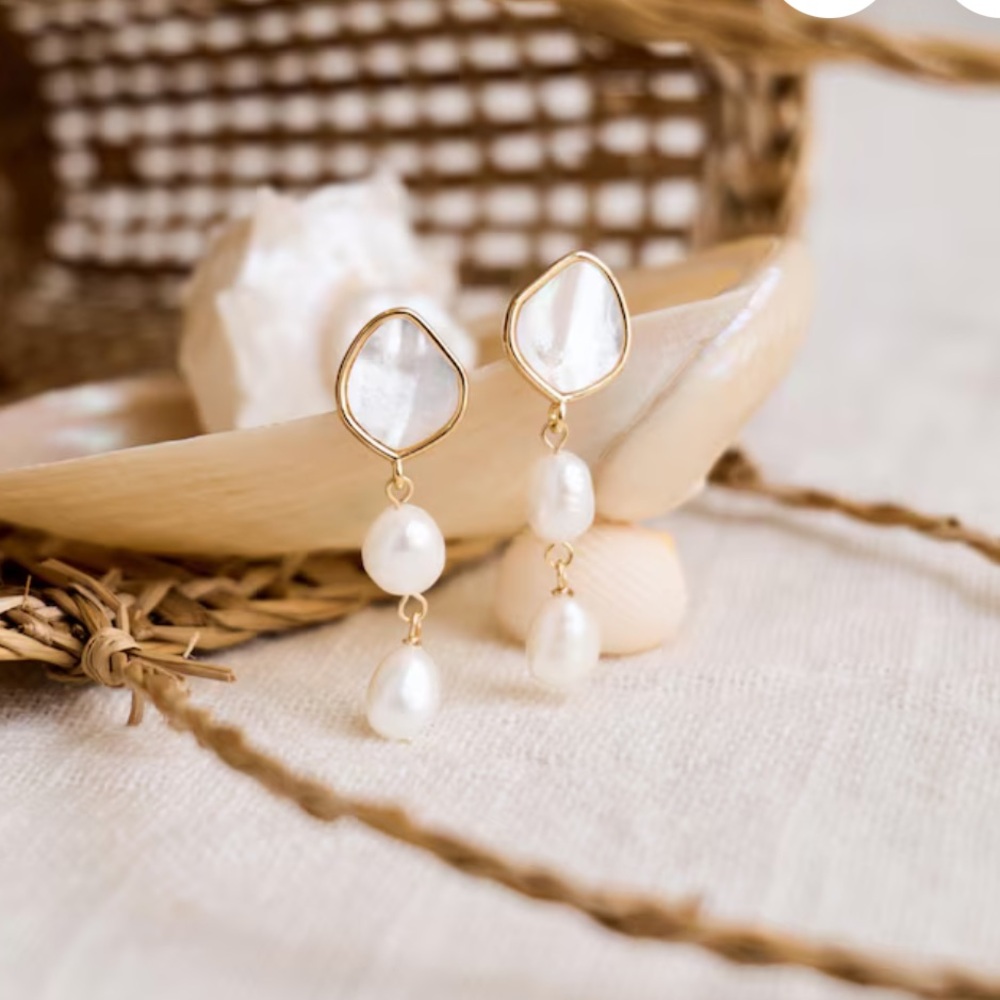 Gold-Tone Drop Earrings with White Pearl Dangles